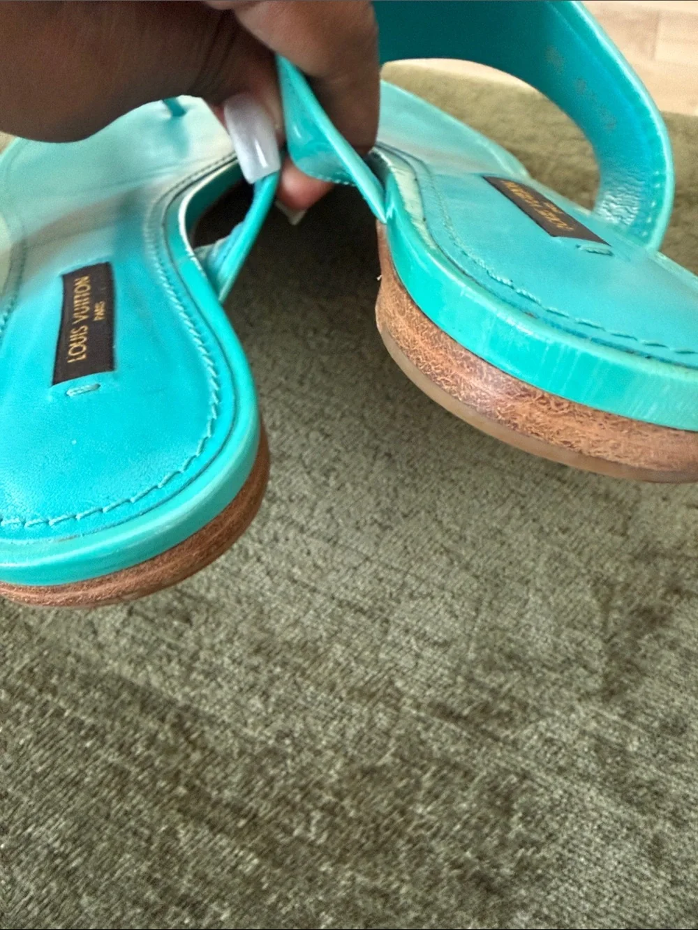 Louis Vuitton Turquoise Patent Leather Buckle Thong Sandals